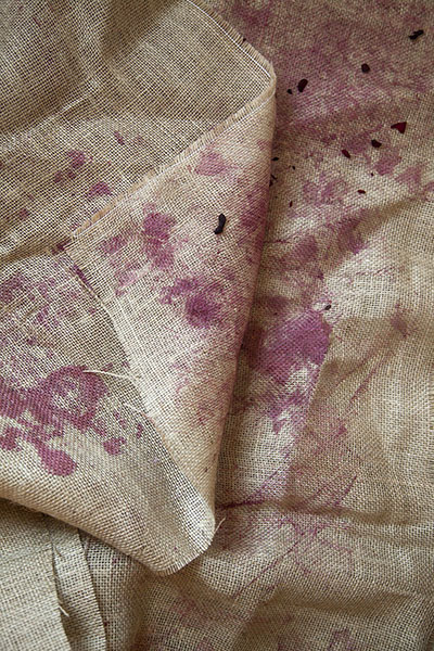 20" x 30" Archival Inkjet Print. Folded burlap, burgandy stains, pieces of dried dark purple flecks. Color photograph.
